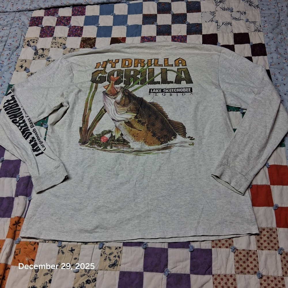 Lake Okeechobee Hydrilla Gorilla Bass Long Sleeve‎ T Shirt Size XL Garrads Bait
